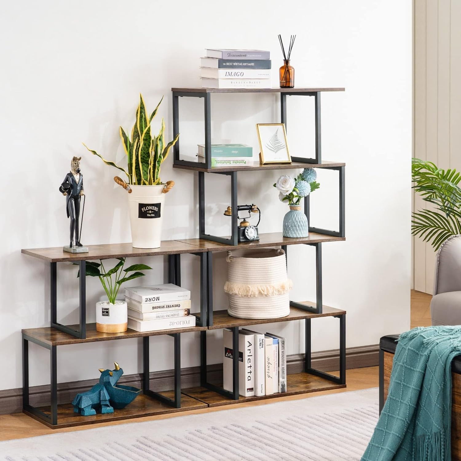 Industrial Bookshelves Wooden Bookcase, 4-Tier Bookshelf, S-Shaped Bookshelf Modern Bookshelf, Freestanding Decorative Storage Shelving for Living Room Home Office, Rustic Brown