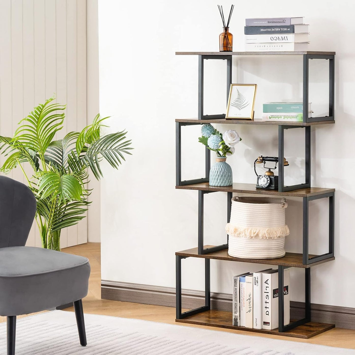 Industrial Bookshelves Wooden Bookcase, 4-Tier Bookshelf, S-Shaped Bookshelf Modern Bookshelf, Freestanding Decorative Storage Shelving for Living Room Home Office, Rustic Brown
